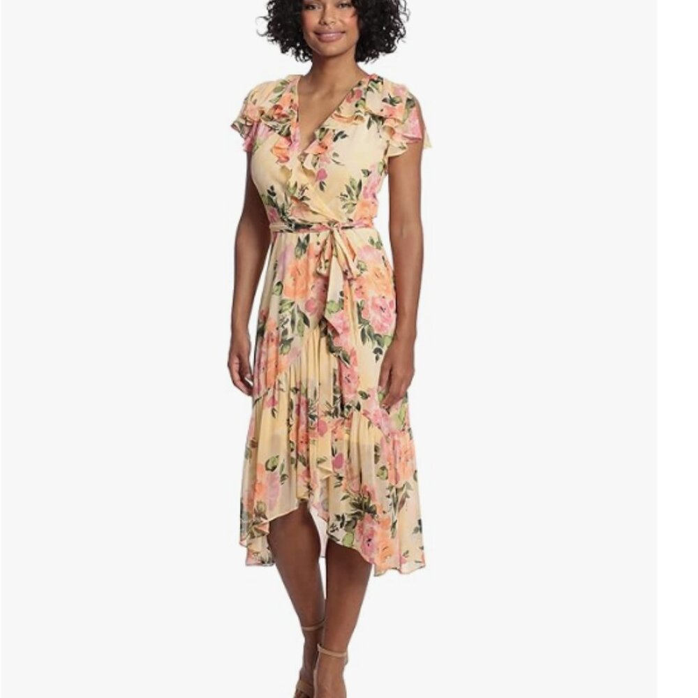 NWT London Times Boho Floral Printed Midi HiLo Dress Petites size 8 faux wrap